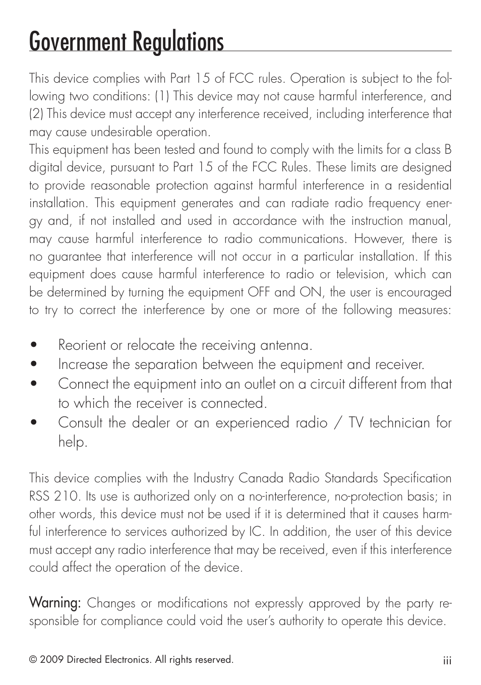 Government regulations | Avital 4111 User Manual | Page 5 / 24