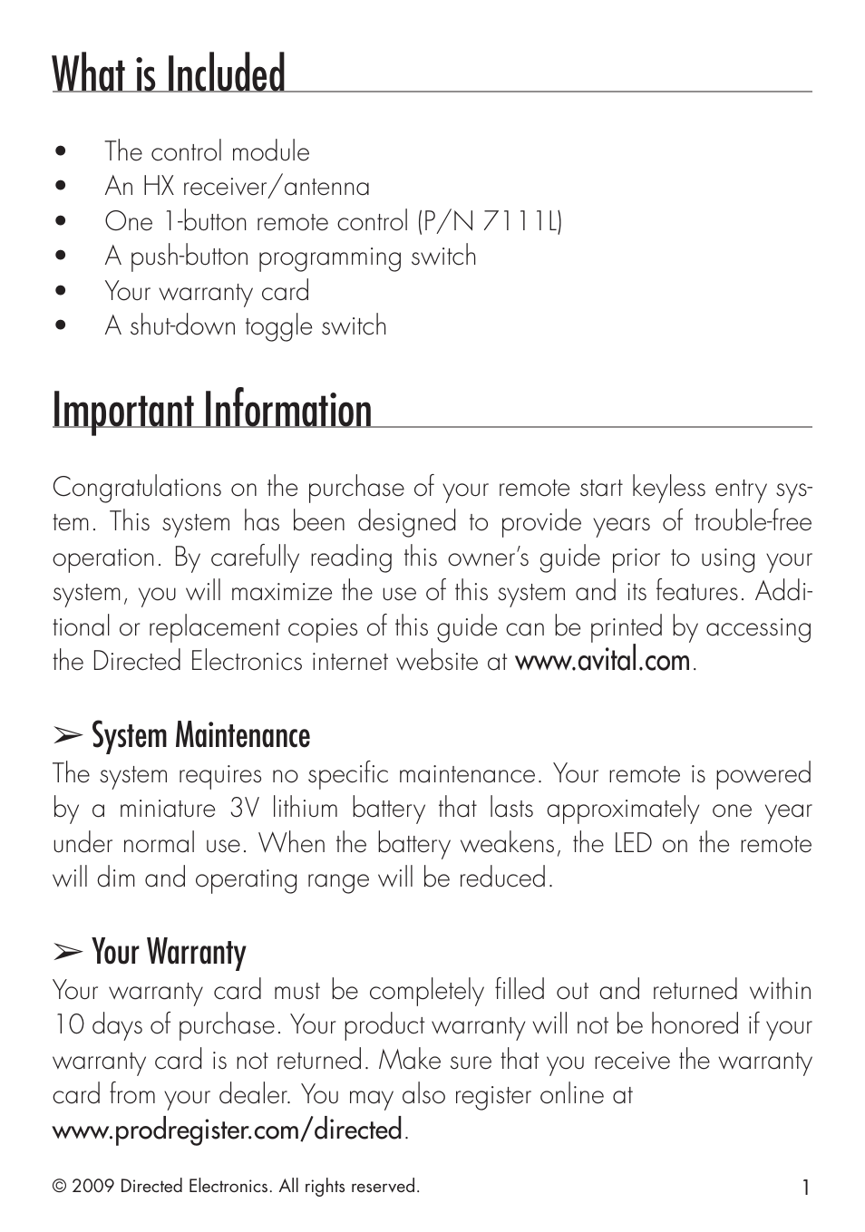 What is included, Important information, System maintenance | Your warranty | Avital 4111 User Manual | Page 9 / 24