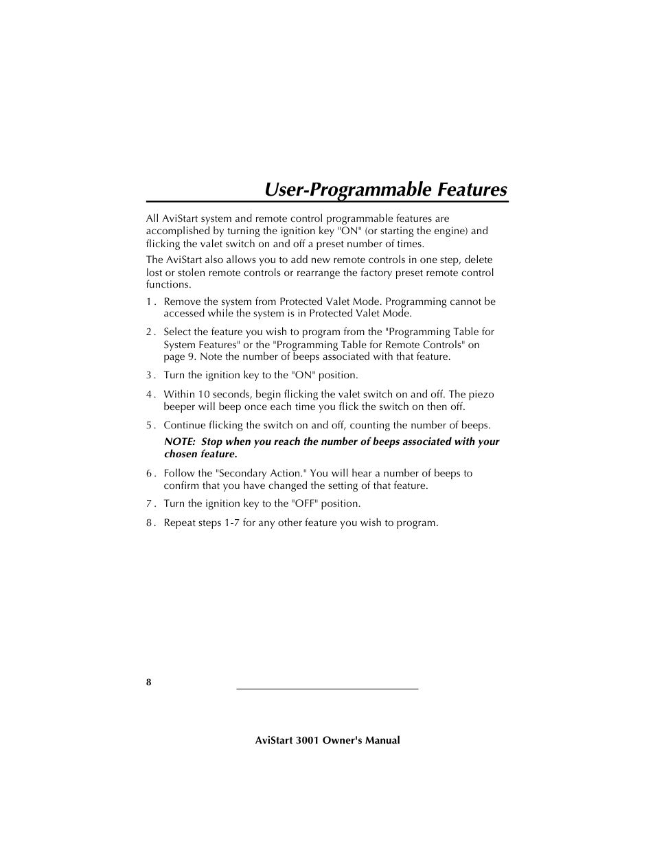 User-programmable features | Avital AVISTART 3001 User Manual | Page 10 / 12