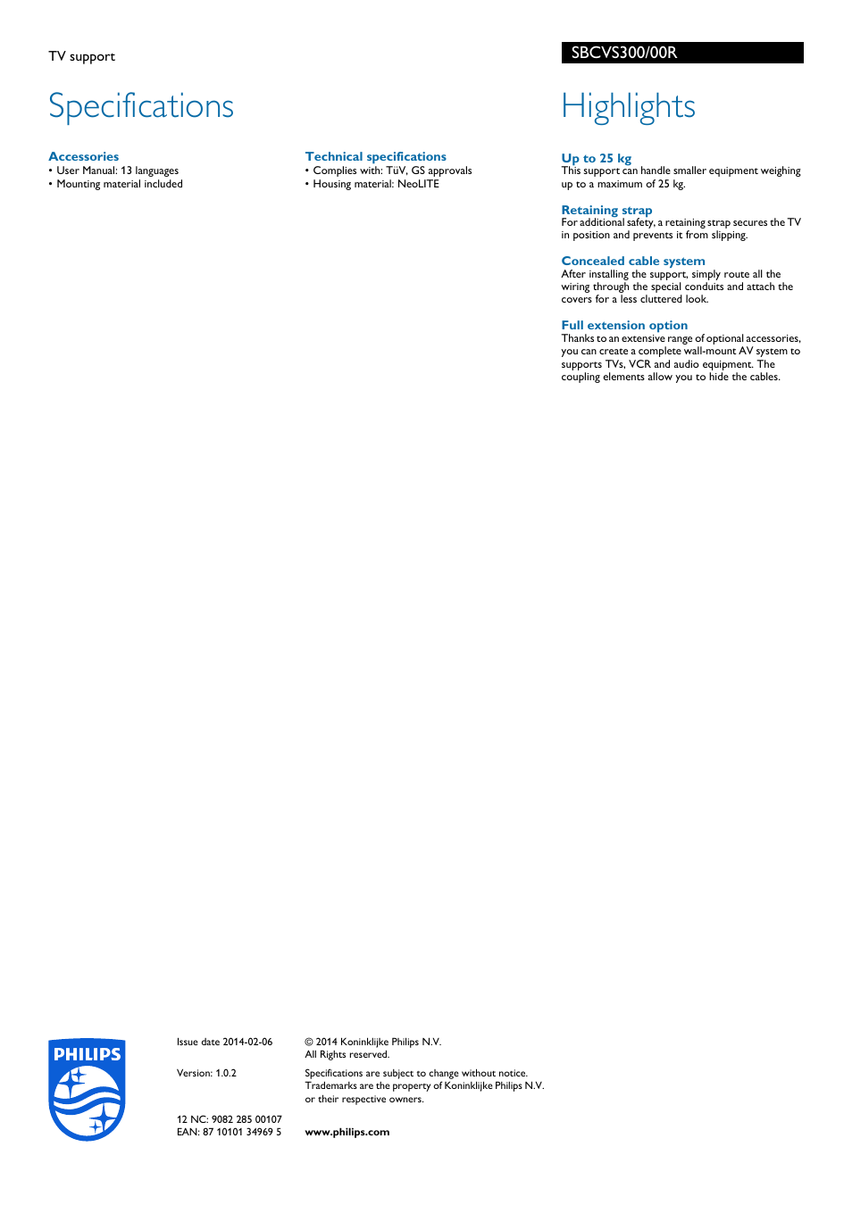 Specifications, Highlights | Philips soporte de televisión User Manual | Page 2 / 2