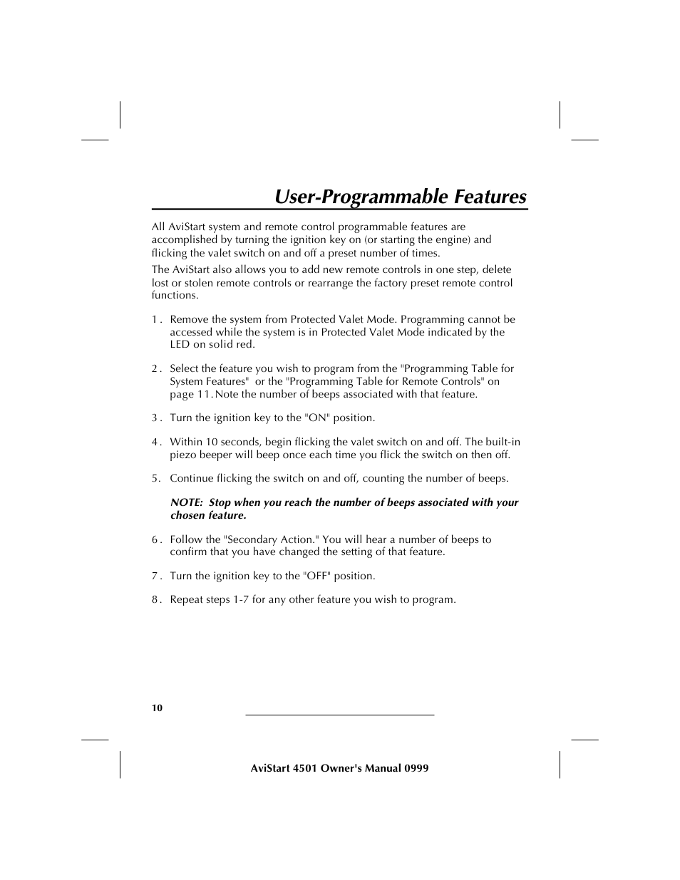 User-programmable features | Avital AVISTART 4501 User Manual | Page 12 / 16
