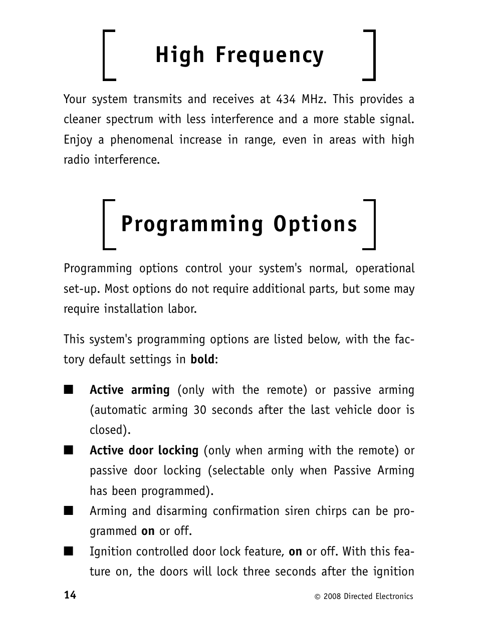 High frequency, Programming options | Avital 3100L User Manual | Page 18 / 24