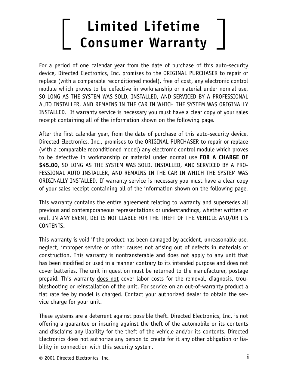 Limited lifetime consumer warranty | Avital 3100L User Manual | Page 2 / 24