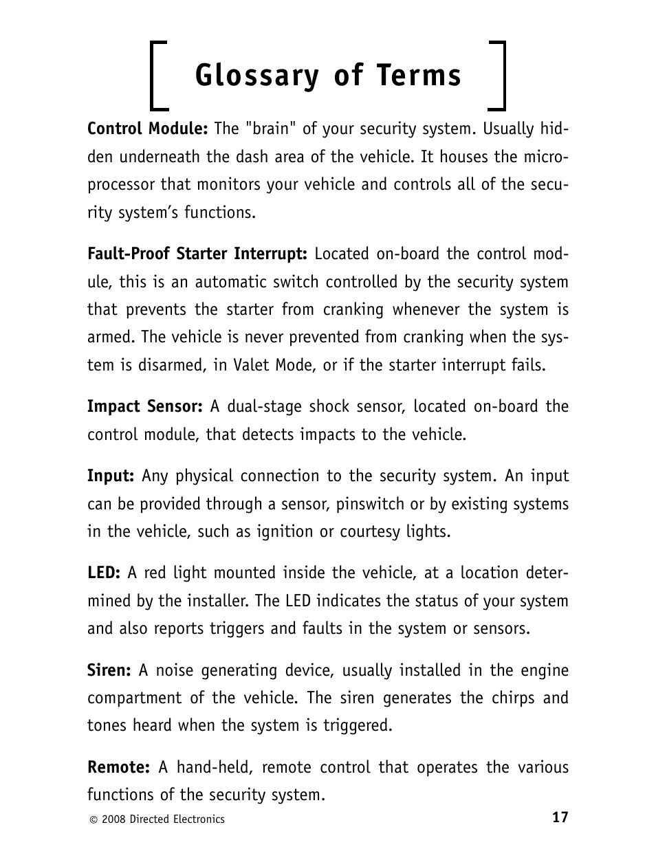 Glossary of terms | Avital 3100L User Manual | Page 21 / 24