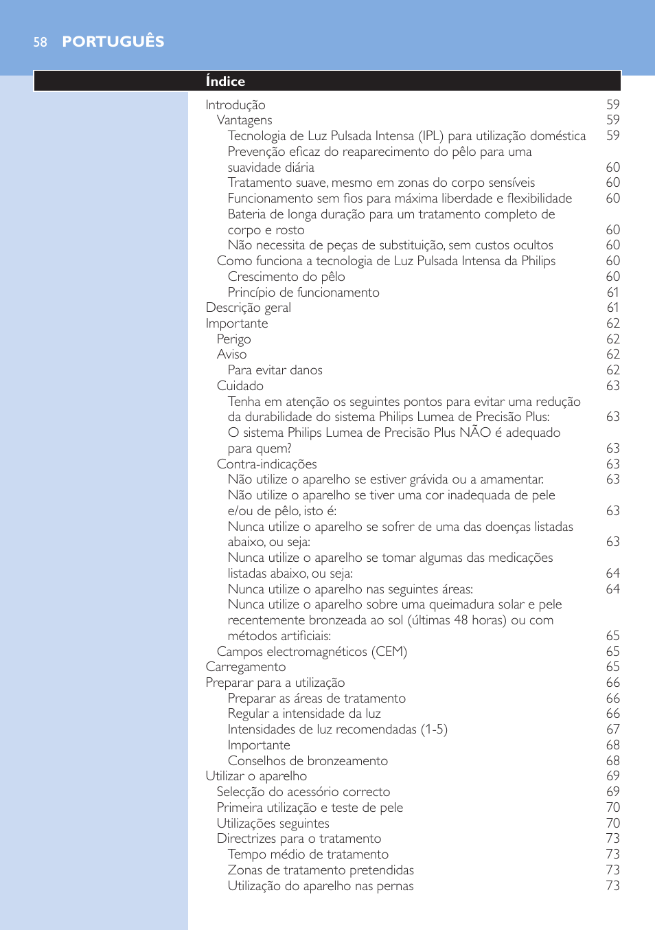 Português | Philips Lumea Precision Sistema de eliminación de vello IPL User Manual | Page 58 / 114