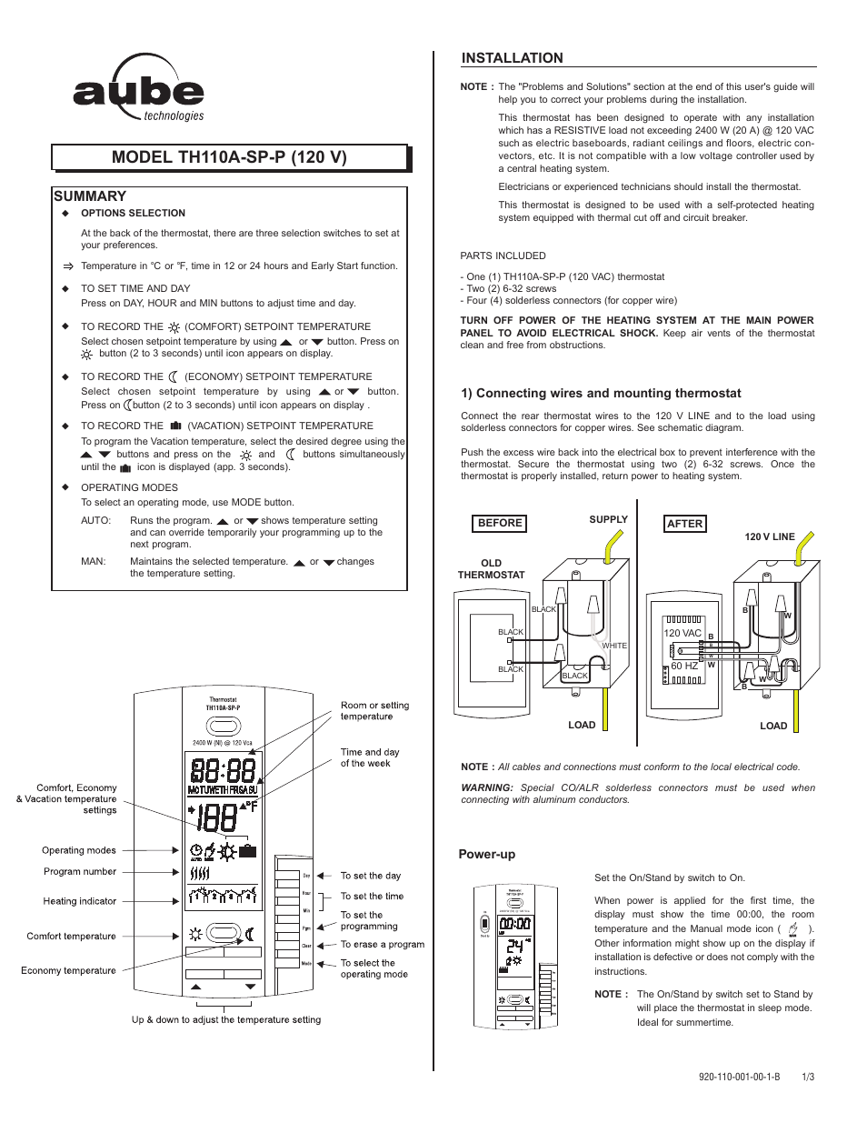Aube Technologies TH110A-SP-P User Manual | 3 pages
