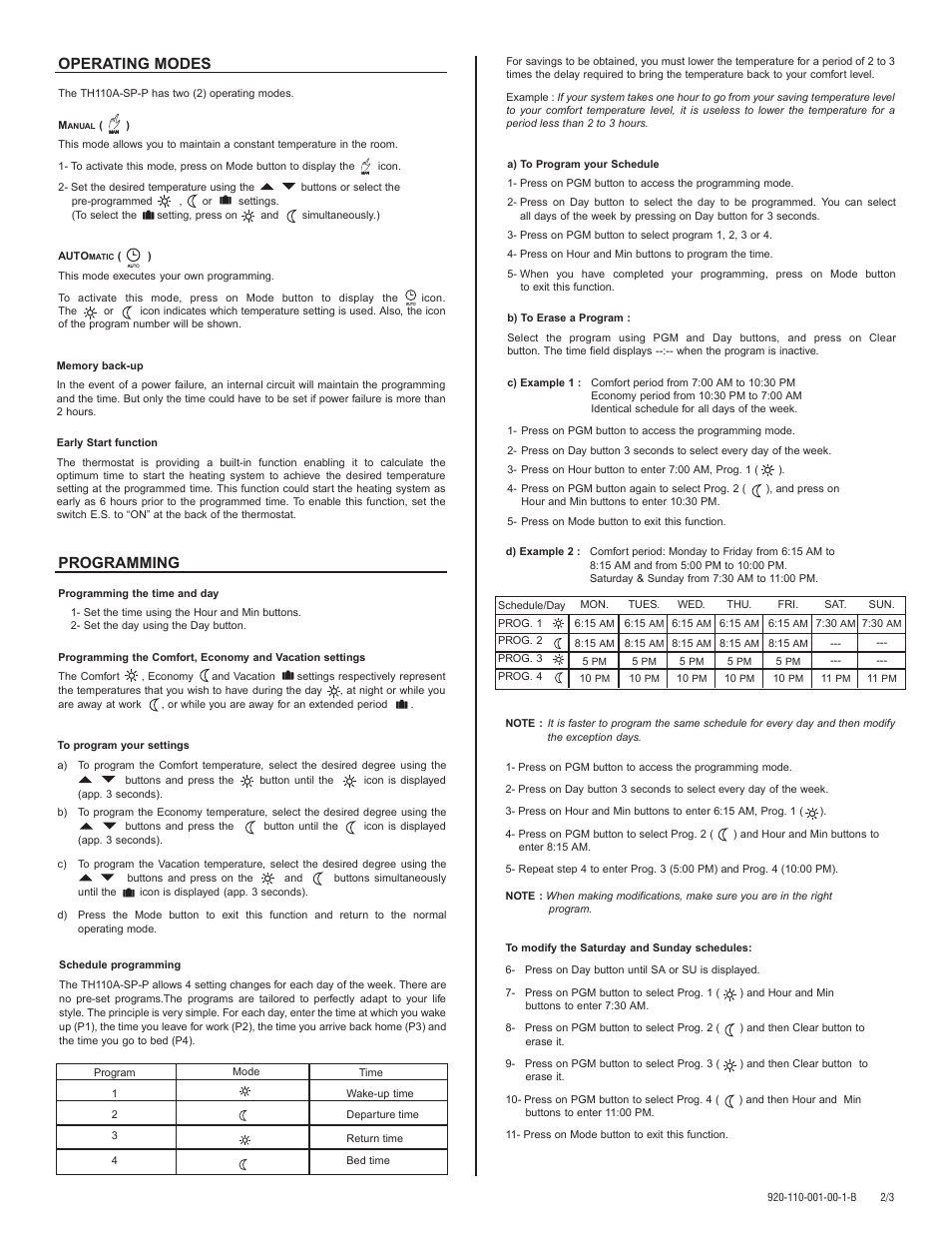 Operating modes, Programming | Aube Technologies TH110A-SP-P User Manual | Page 2 / 3