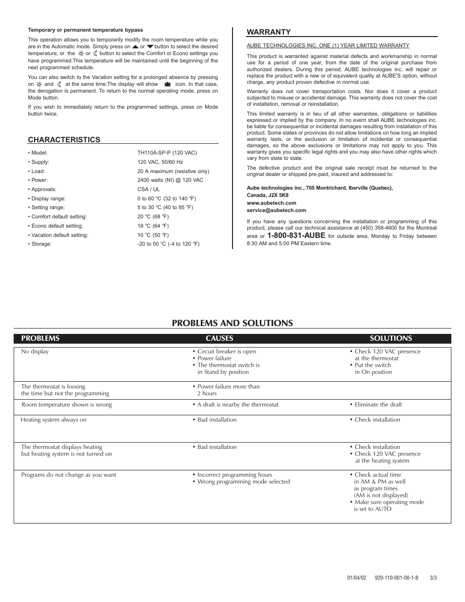 Problems and solutions, Warranty, Problems causes solutions | Characteristics | Aube Technologies TH110A-SP-P User Manual | Page 3 / 3