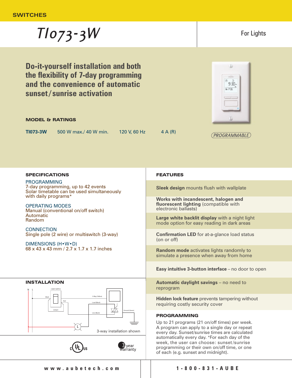 Aube Technologies SwitcheS For	Lights TI073-3W User Manual | 2 pages