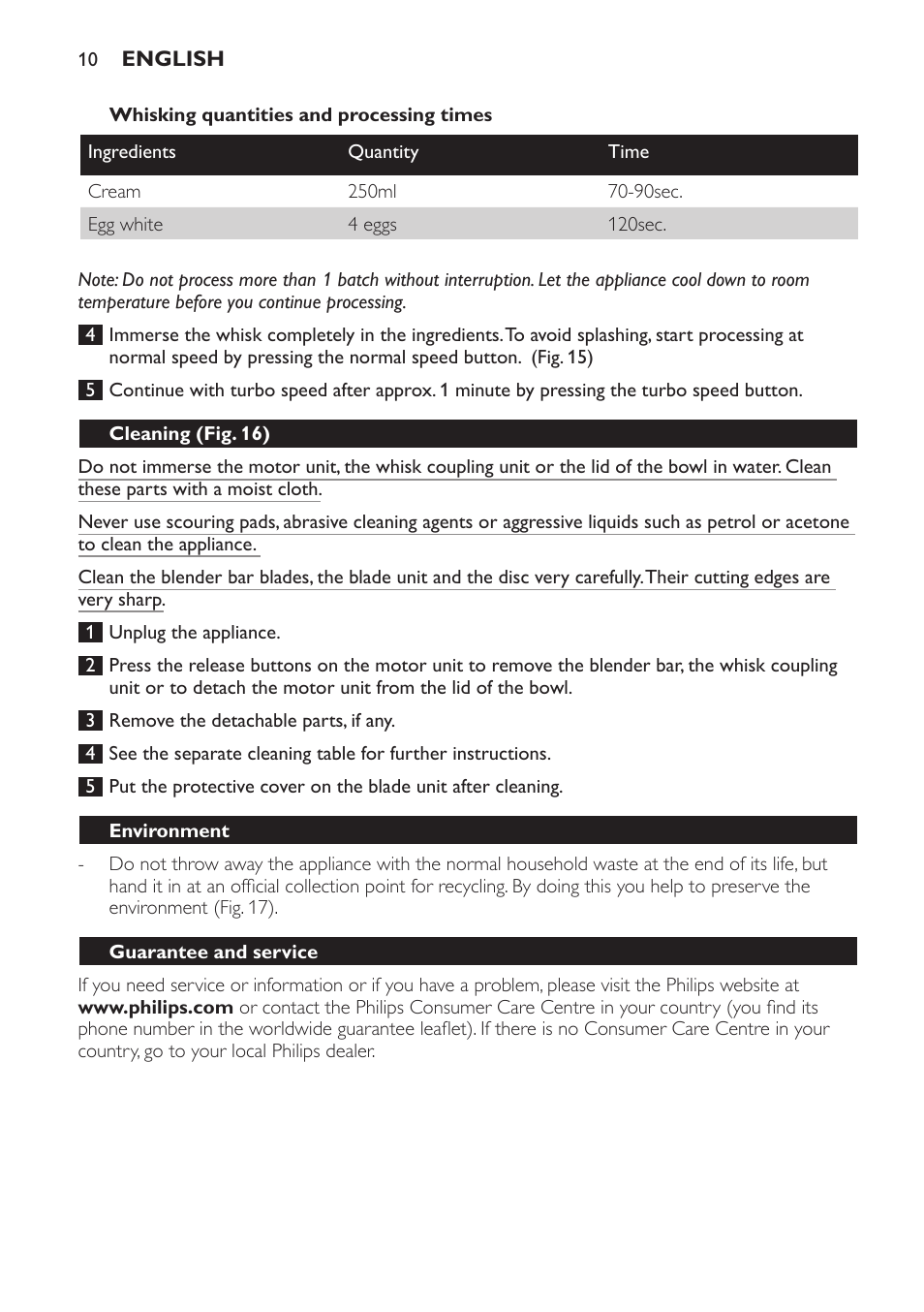 Cleaning (fig. 16), Environment, Guarantee and service | Troubleshooting | Philips Pure Essentials Collection Batidora de mano User Manual | Page 10 / 92