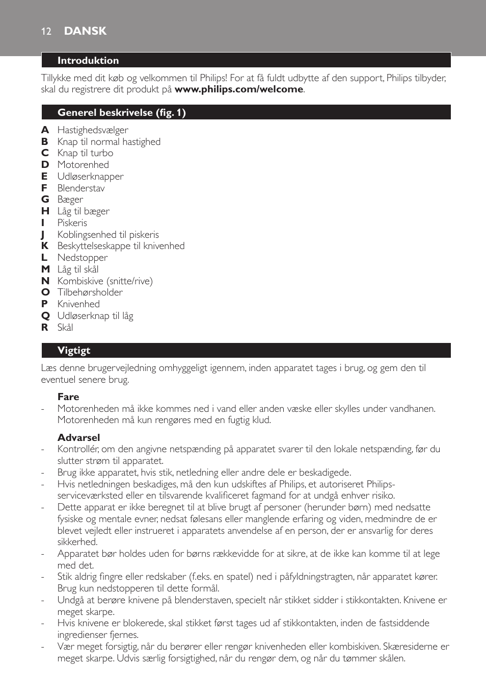 Fare, Advarsel, Dansk | Introduktion, Generel beskrivelse (fig. 1), Vigtigt | Philips Pure Essentials Collection Batidora de mano User Manual | Page 12 / 92