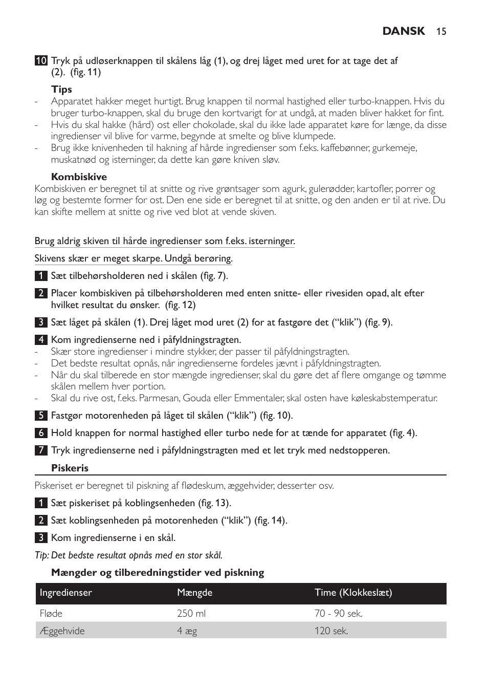 Tips, Kombiskive, Piskeris | Mængder og tilberedningstider ved piskning | Philips Pure Essentials Collection Batidora de mano User Manual | Page 15 / 92