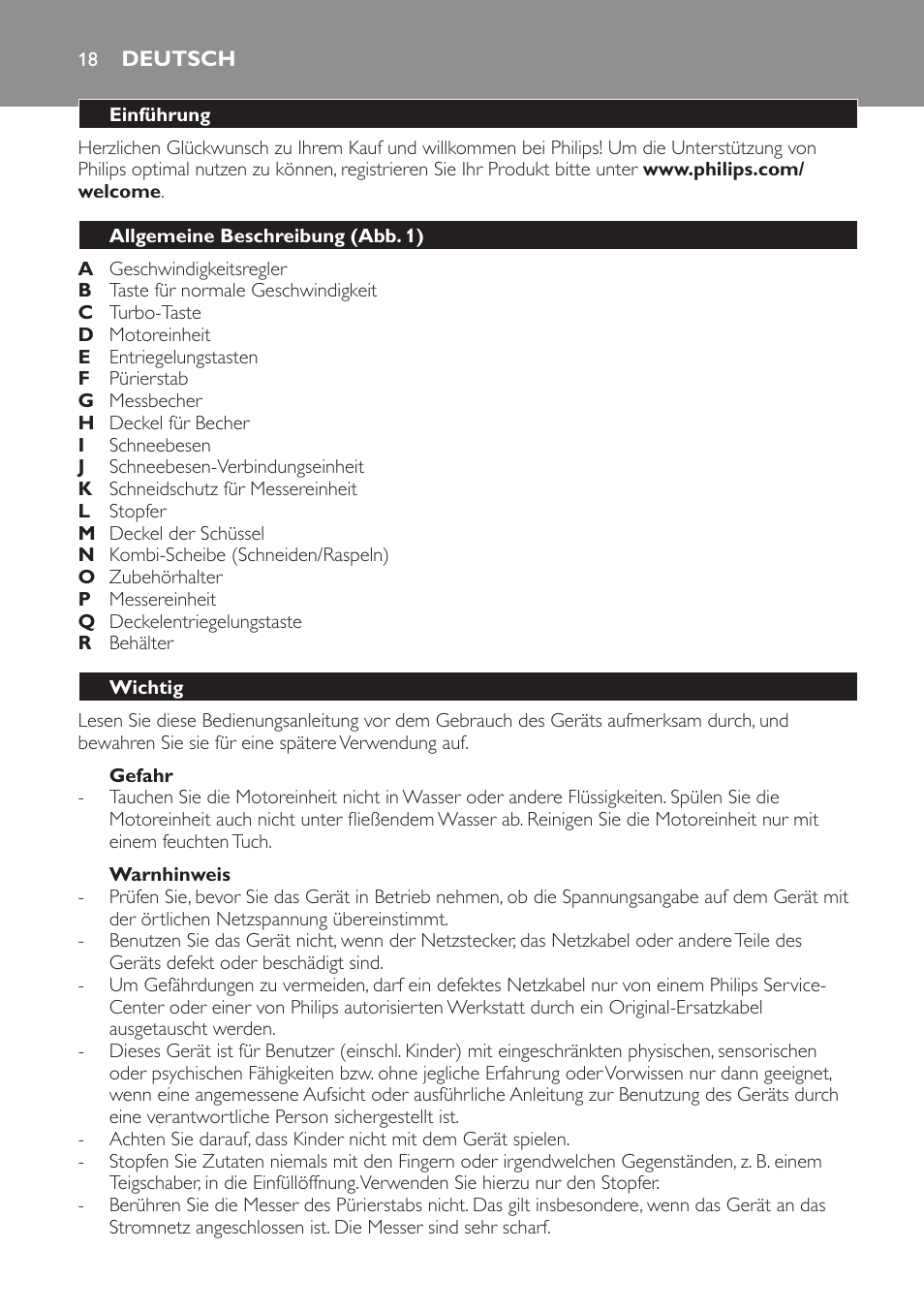 Gefahr, Warnhinweis, Deutsch | Einführung, Allgemeine beschreibung (abb. 1), Wichtig | Philips Pure Essentials Collection Batidora de mano User Manual | Page 18 / 92