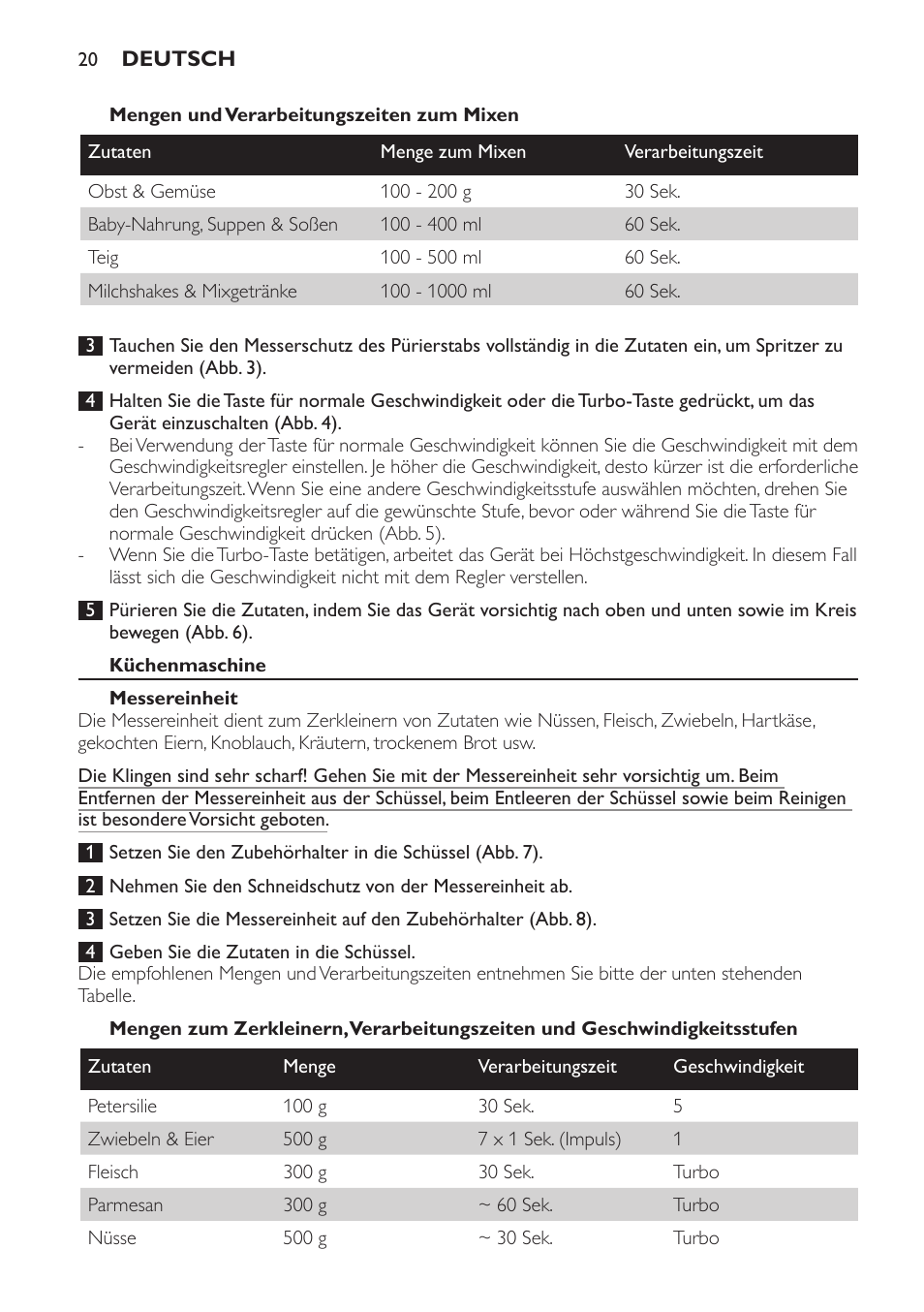 Mengen und verarbeitungszeiten zum mixen, Küchenmaschine, Messereinheit | Philips Pure Essentials Collection Batidora de mano User Manual | Page 20 / 92