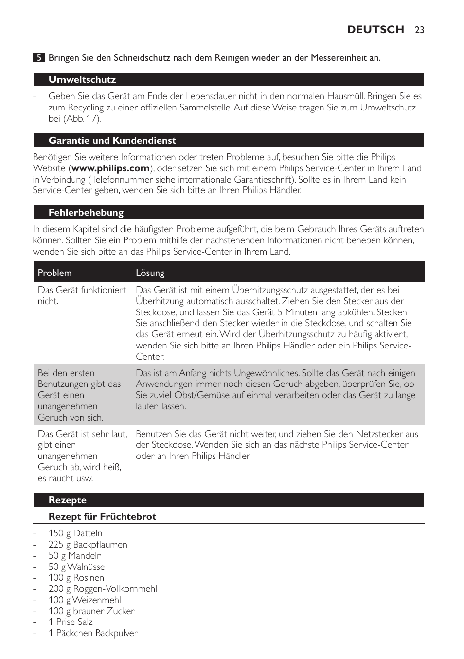 Umweltschutz, Garantie und kundendienst, Fehlerbehebung | Rezepte, Rezept für früchtebrot | Philips Pure Essentials Collection Batidora de mano User Manual | Page 23 / 92