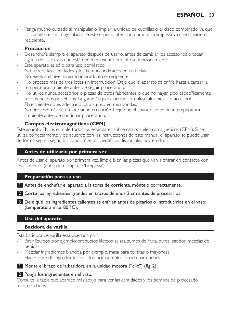 Precaución, Campos electromagnéticos (cem), Antes de utilizarlo por primera vez | Preparación para su uso, Uso del aparato, Batidora de varilla, Cantidades y tiempos de preparación para batir | Philips Pure Essentials Collection Batidora de mano User Manual | Page 33 / 92