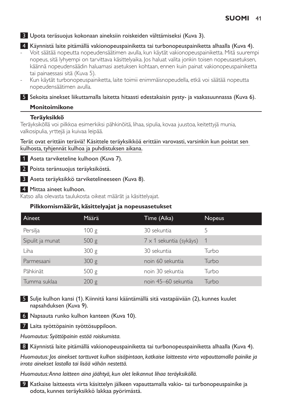 Monitoimikone, Teräyksikkö, Pilkkomismäärät, käsittelyajat ja nopeusasetukset | Philips Pure Essentials Collection Batidora de mano User Manual | Page 41 / 92