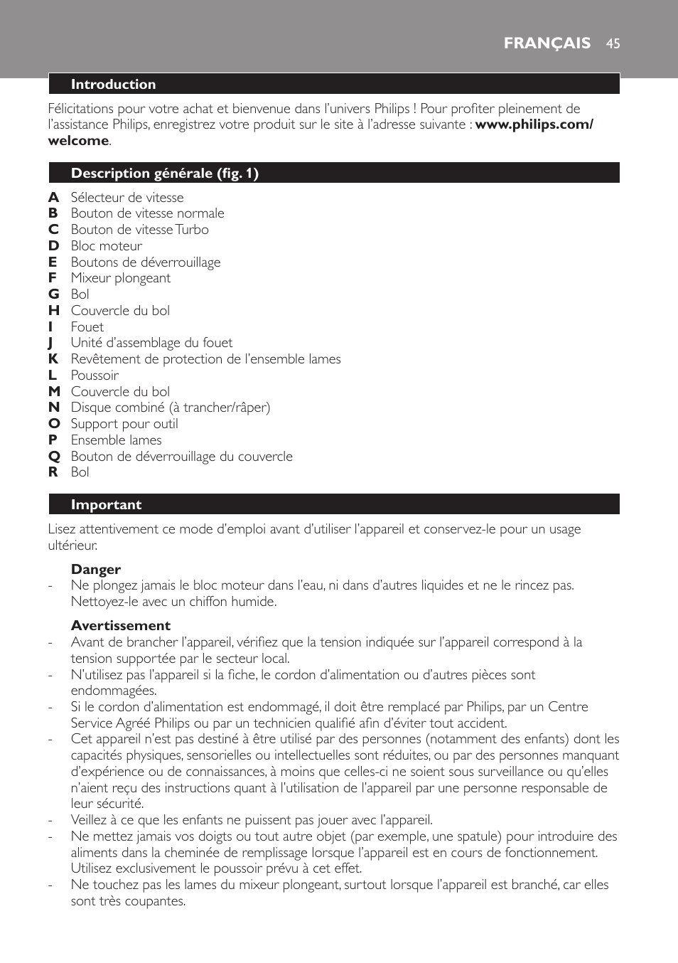 Danger, Avertissement, Français | Introduction, Description générale (fig. 1), Important | Philips Pure Essentials Collection Batidora de mano User Manual | Page 45 / 92