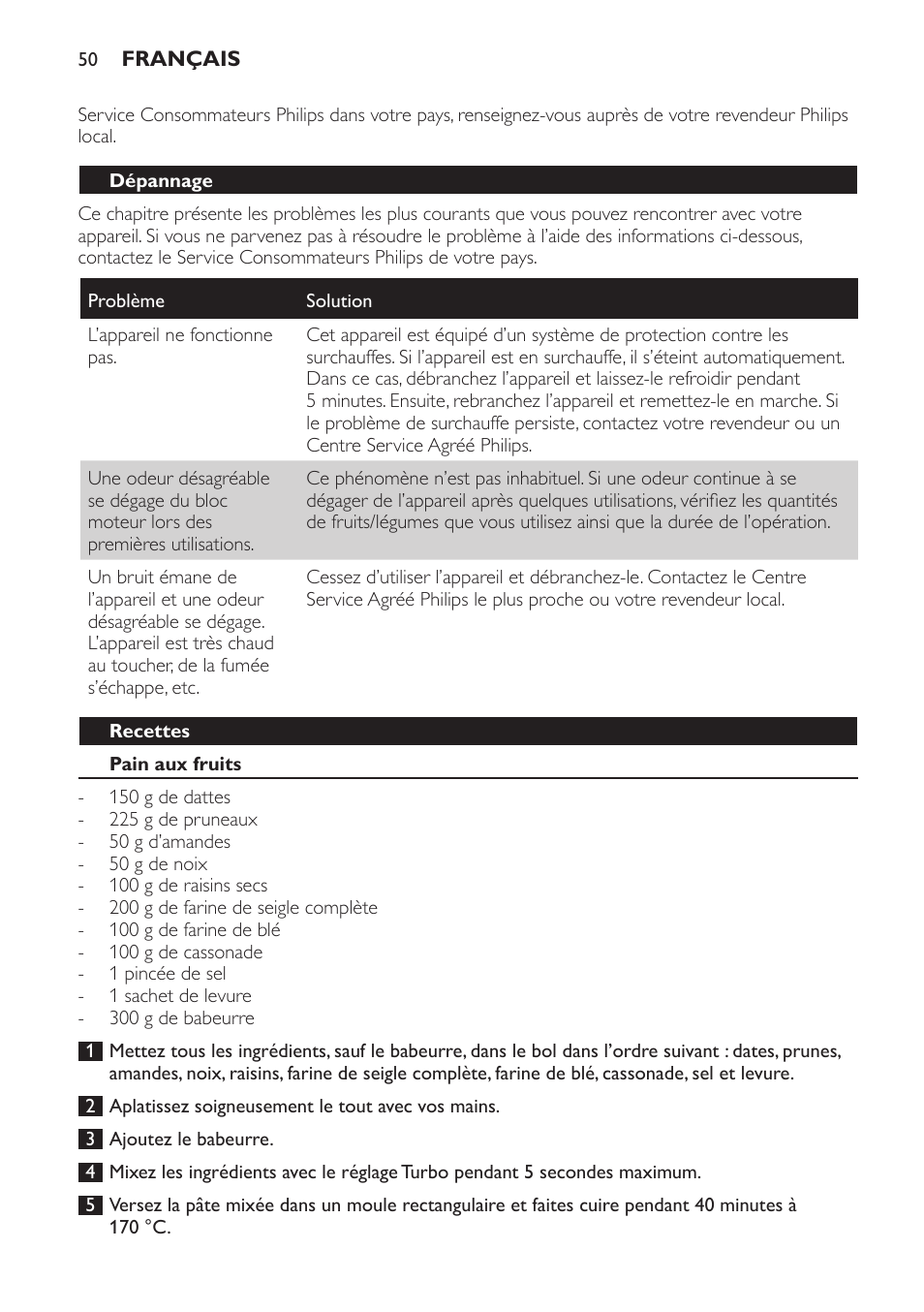 Dépannage, Recettes, Pain aux fruits | Philips Pure Essentials Collection Batidora de mano User Manual | Page 50 / 92
