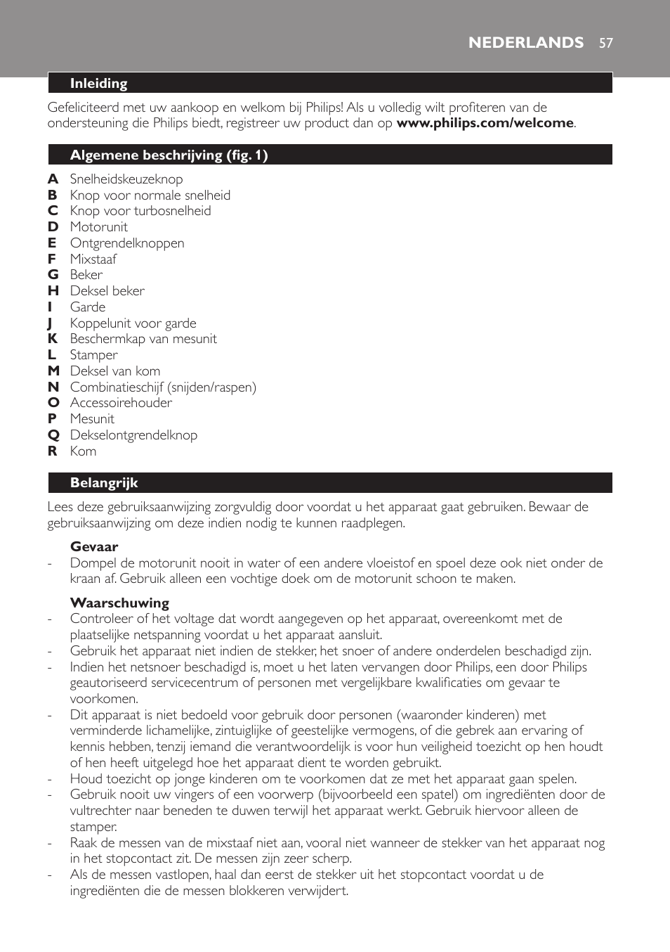 Gevaar, Waarschuwing, Nederlands | Inleiding, Algemene beschrijving (fig. 1), Belangrijk | Philips Pure Essentials Collection Batidora de mano User Manual | Page 57 / 92