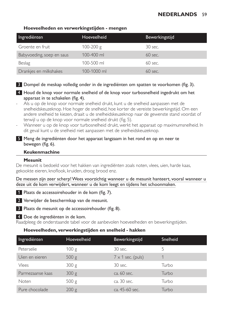 Hoeveelheden en verwerkingstijden - mengen, Keukenmachine, Mesunit | Philips Pure Essentials Collection Batidora de mano User Manual | Page 59 / 92