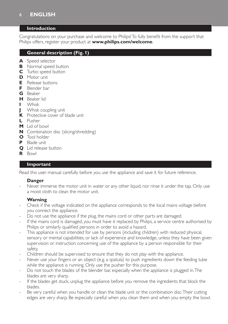 English, Introduction, General description (fig. 1) | Important, Danger, Warning | Philips Pure Essentials Collection Batidora de mano User Manual | Page 6 / 92