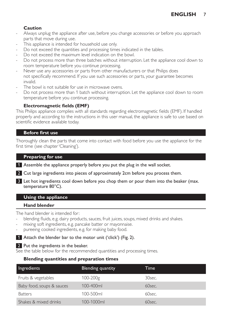 Caution, Electromagnetic fields (emf), Before first use | Preparing for use, Using the appliance, Hand blender, Blending quantities and preparation times | Philips Pure Essentials Collection Batidora de mano User Manual | Page 7 / 92