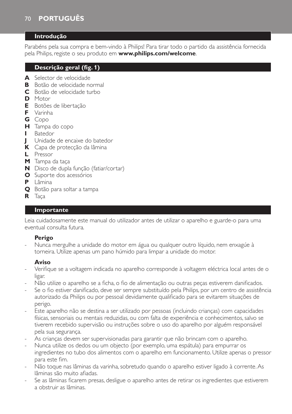 Perigo, Aviso, Português | Introdução, Descrição geral (fig. 1), Importante | Philips Pure Essentials Collection Batidora de mano User Manual | Page 70 / 92