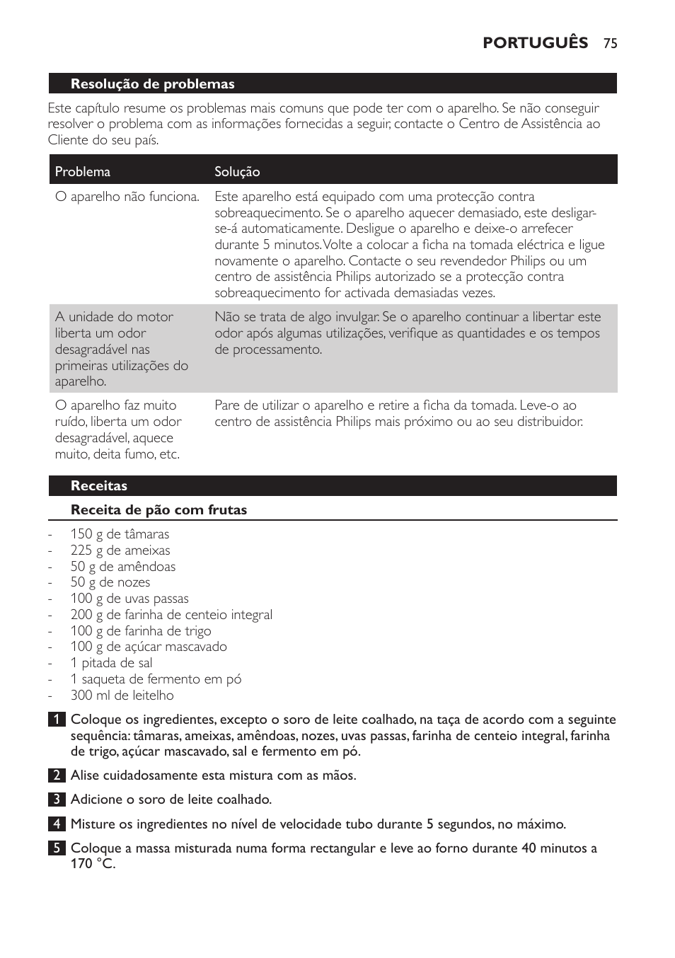 Resolução de problemas, Receitas, Receita de pão com frutas | Philips Pure Essentials Collection Batidora de mano User Manual | Page 75 / 92