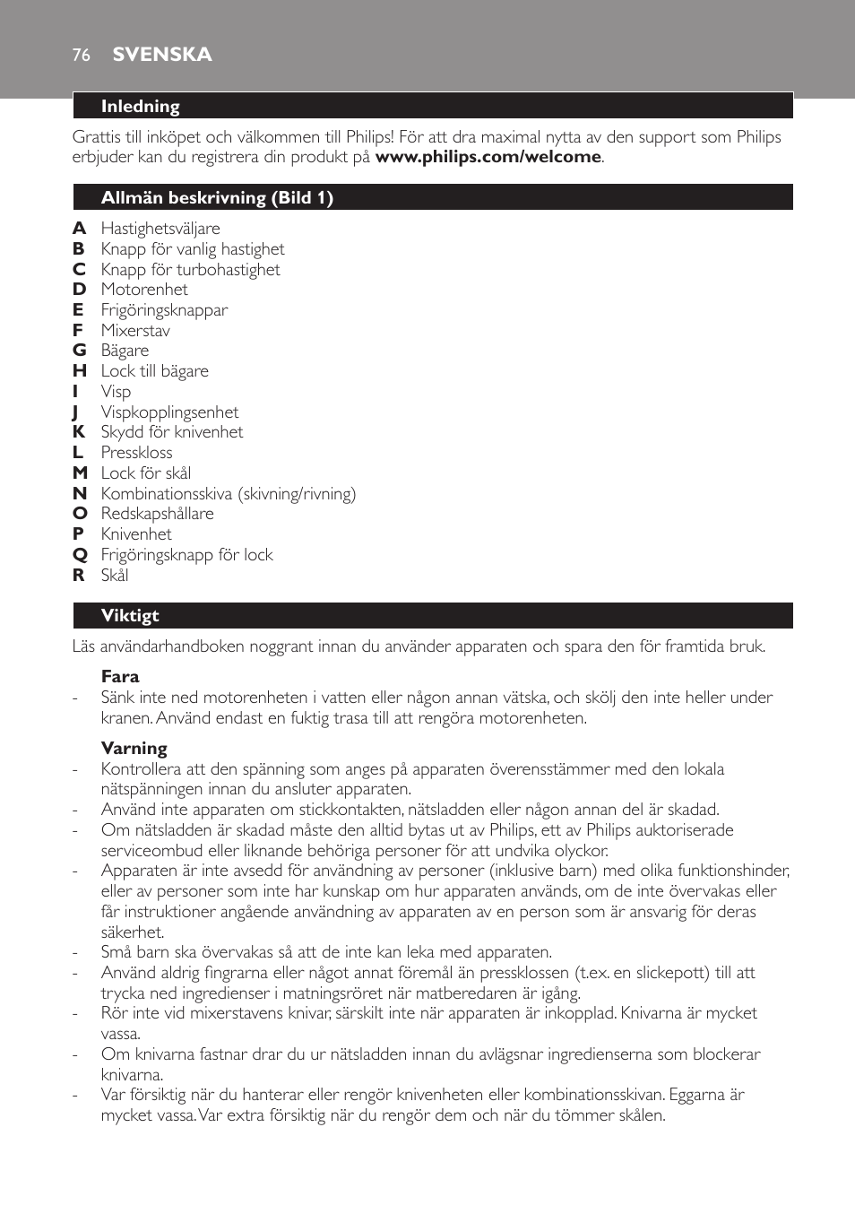 Fara, Varning, Svenska | Inledning, Allmän beskrivning (bild 1), Viktigt | Philips Pure Essentials Collection Batidora de mano User Manual | Page 76 / 92