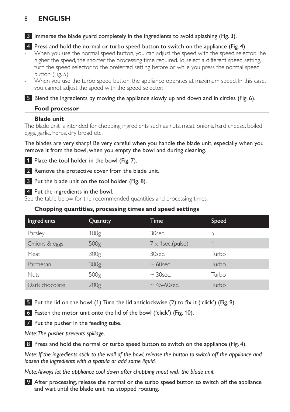 Food processor, Blade unit | Philips Pure Essentials Collection Batidora de mano User Manual | Page 8 / 92