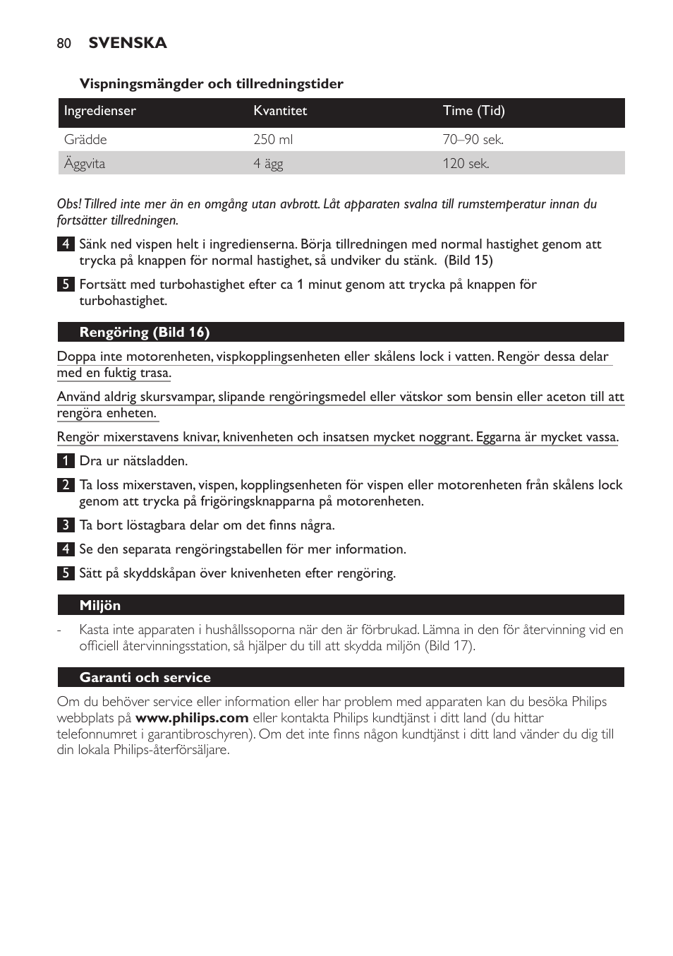 Vispningsmängder och tillredningstider, Rengöring (bild 16), Miljön | Garanti och service, Felsökning | Philips Pure Essentials Collection Batidora de mano User Manual | Page 80 / 92