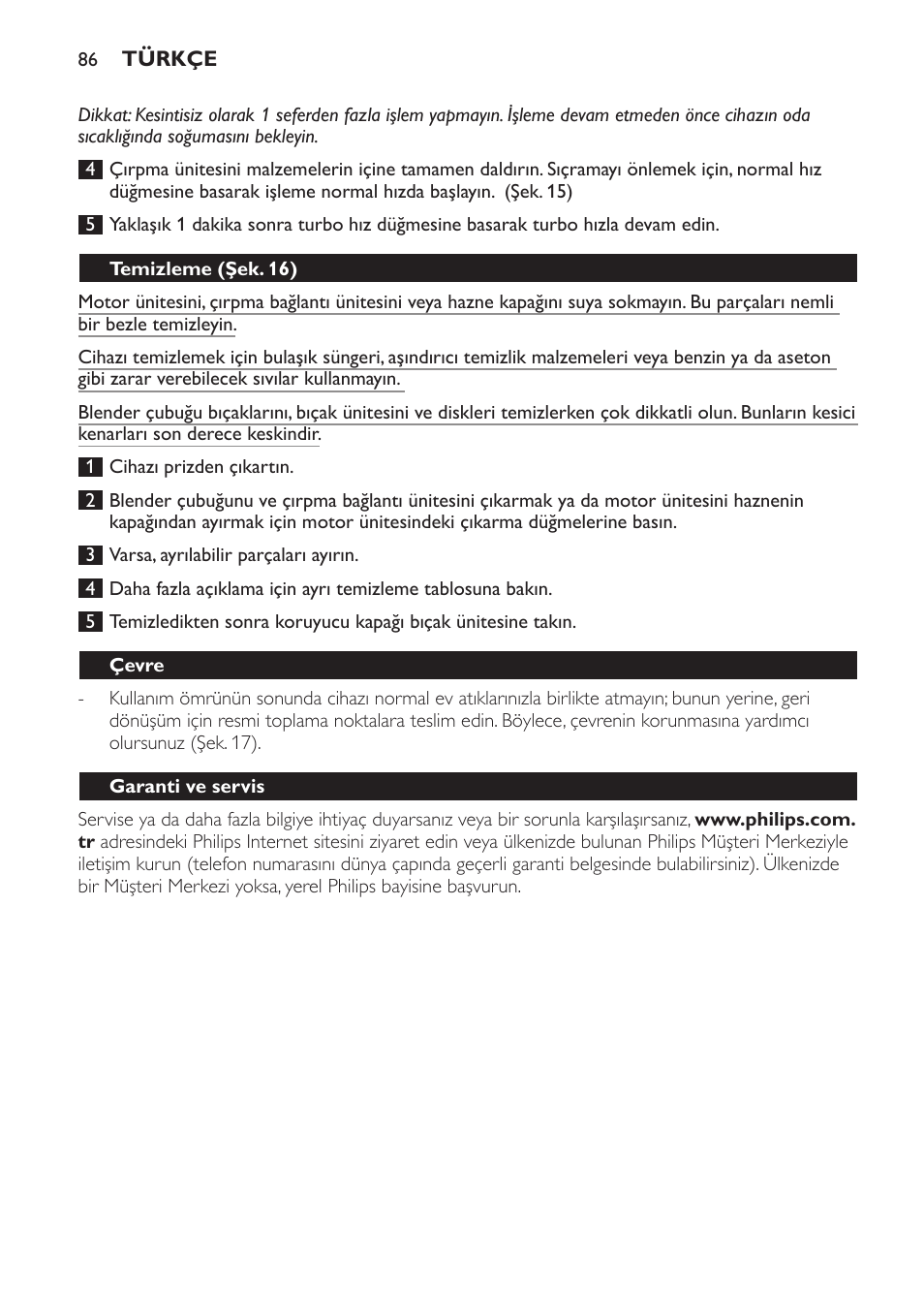 Temizleme (şek. 16), Çevre, Garanti ve servis | Sorun giderme | Philips Pure Essentials Collection Batidora de mano User Manual | Page 86 / 92