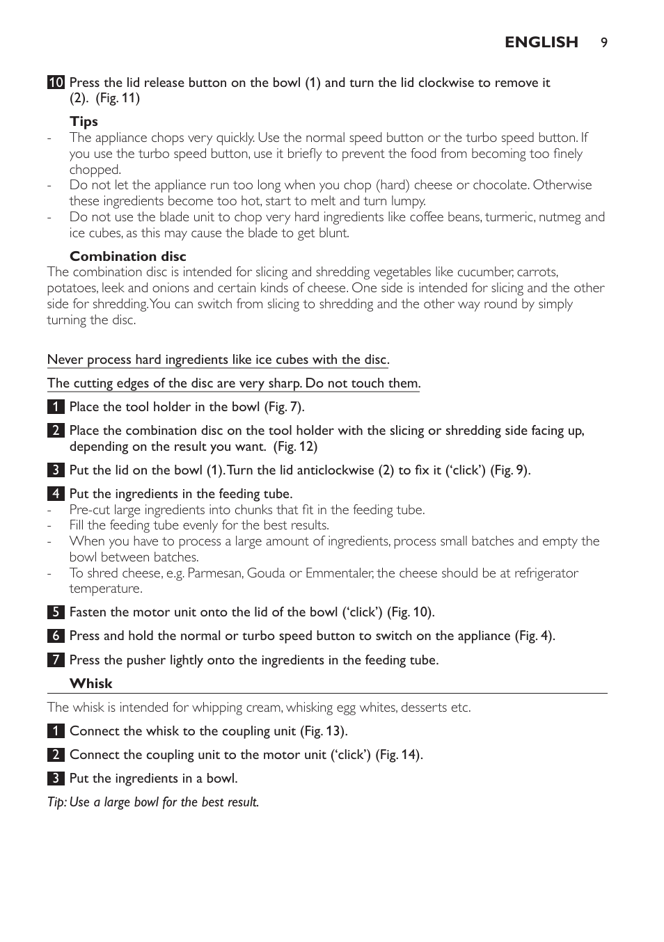Tips, Combination disc, Whisk | Whisking quantities and processing times | Philips Pure Essentials Collection Batidora de mano User Manual | Page 9 / 92