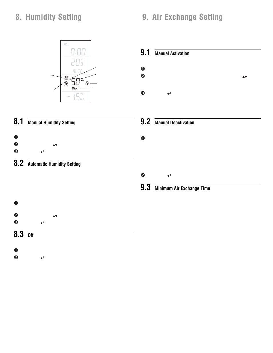 Humidity setting 8.1, Air exchange setting 9.1 | Aube Technologies Programmable H/C Controller TH146-P-U User Manual | Page 11 / 12