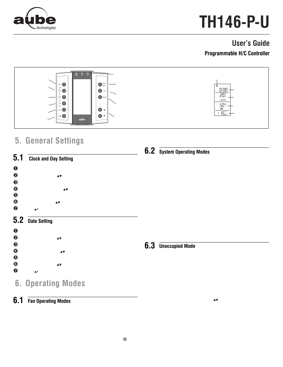 Th146-p-u, General settings 5.1, Operating modes 6.1 | User’s guide | Aube Technologies Programmable H/C Controller TH146-P-U User Manual | Page 9 / 12