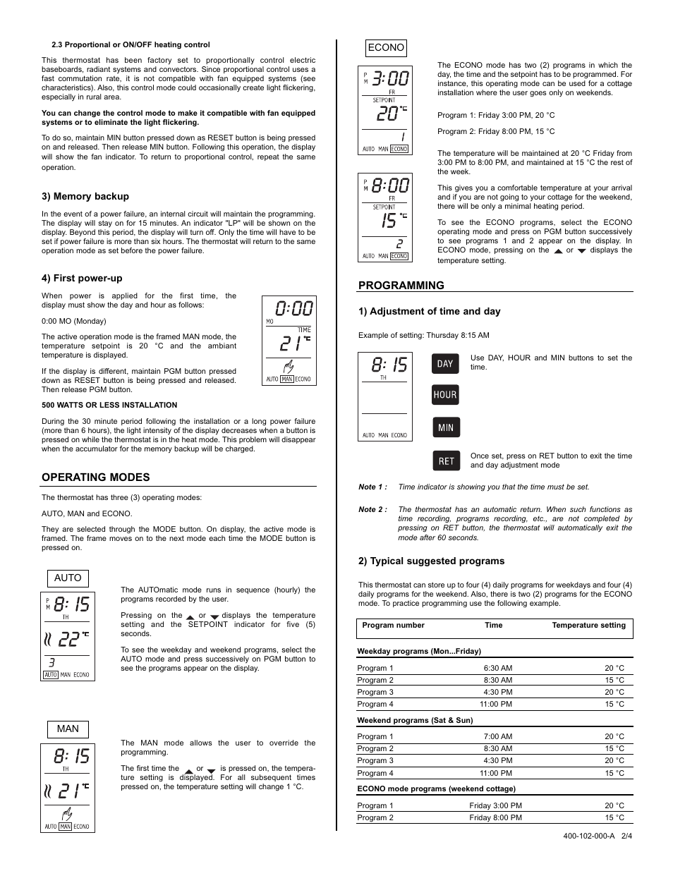 Operating modes, Programming, 4) first power-up | 1) adjustment of time and day, 2) typical suggested programs, Auto econo man | Aube Technologies TH102-3 User Manual | Page 2 / 4