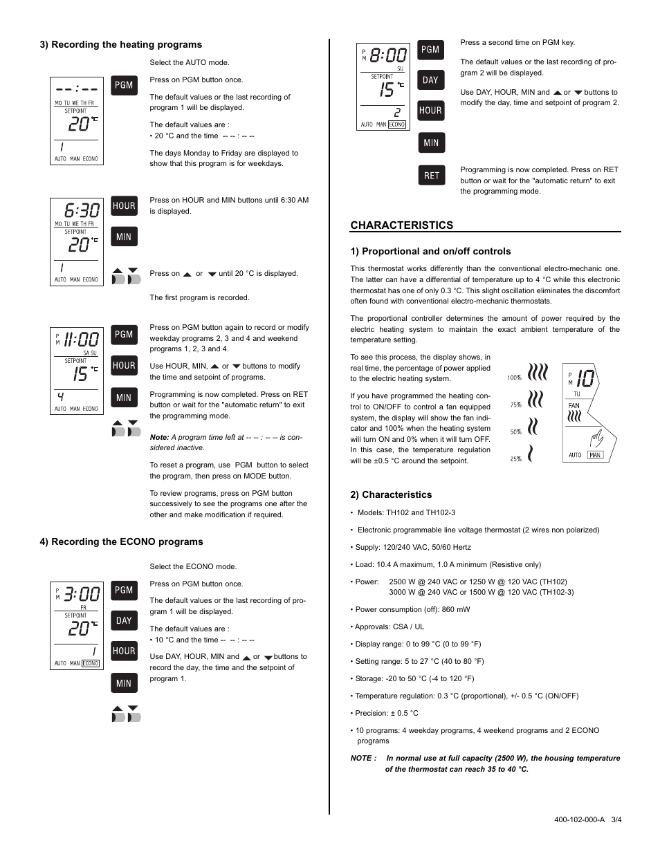 Characteristics, 3) recording the heating programs, 4) recording the econo programs | 1) proportional and on/off controls, 2) characteristics | Aube Technologies TH102-3 User Manual | Page 3 / 4