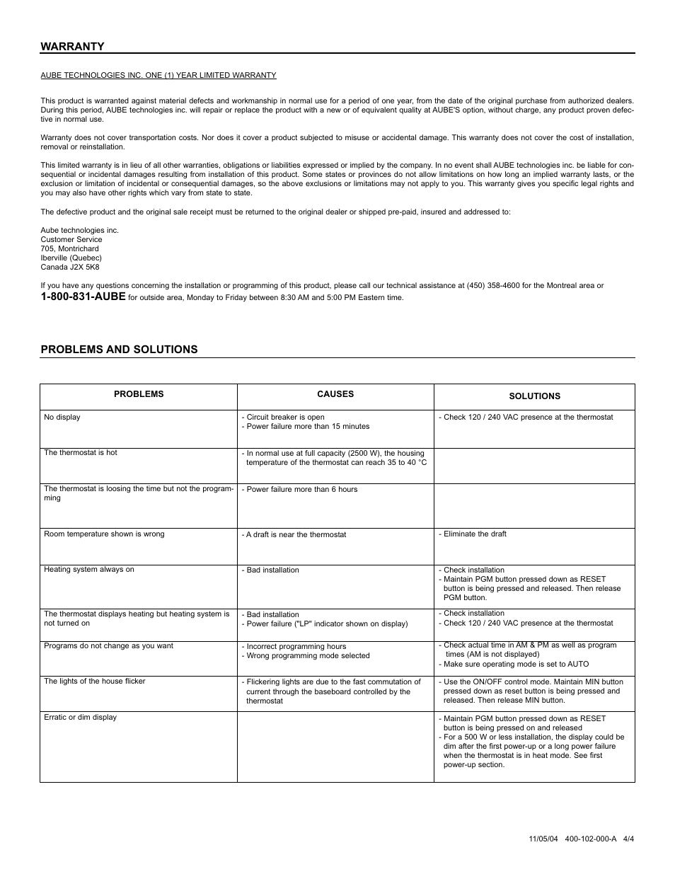 Warranty, Problems and solutions | Aube Technologies TH102-3 User Manual | Page 4 / 4