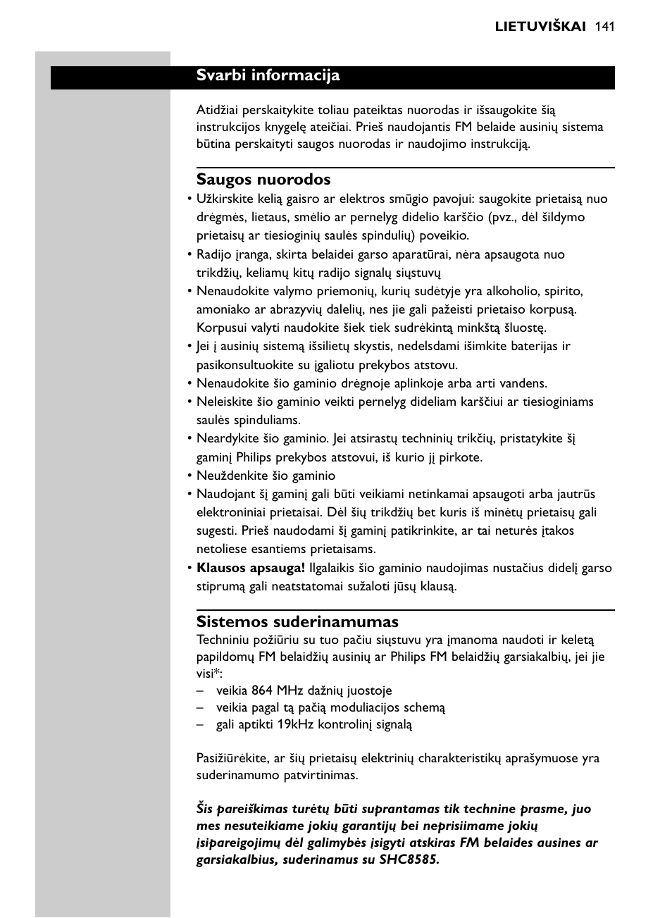 Svarbi informacija, Saugos nuorodos, Sistemos suderinamumas | Philips Auriculares inalámbricos para sist. de cine en casa User Manual | Page 141 / 150