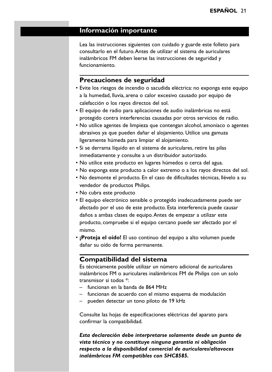 Información importante, Precauciones de seguridad, Compatibilidad del sistema | Philips Auriculares inalámbricos para sist. de cine en casa User Manual | Page 21 / 150