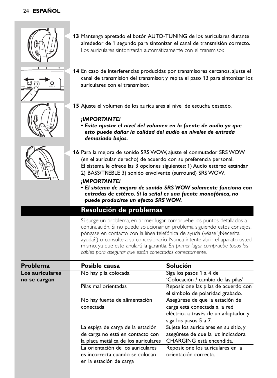 Resolución de problemas | Philips Auriculares inalámbricos para sist. de cine en casa User Manual | Page 24 / 150