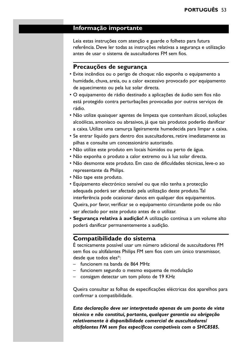 Informação importante, Precauções de segurança, Compatibilidade do sistema | Philips Auriculares inalámbricos para sist. de cine en casa User Manual | Page 53 / 150