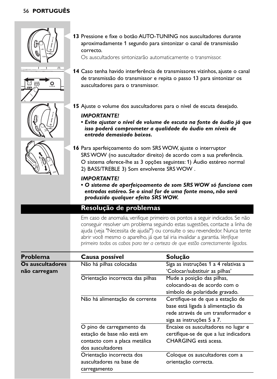 Resolução de problemas | Philips Auriculares inalámbricos para sist. de cine en casa User Manual | Page 56 / 150