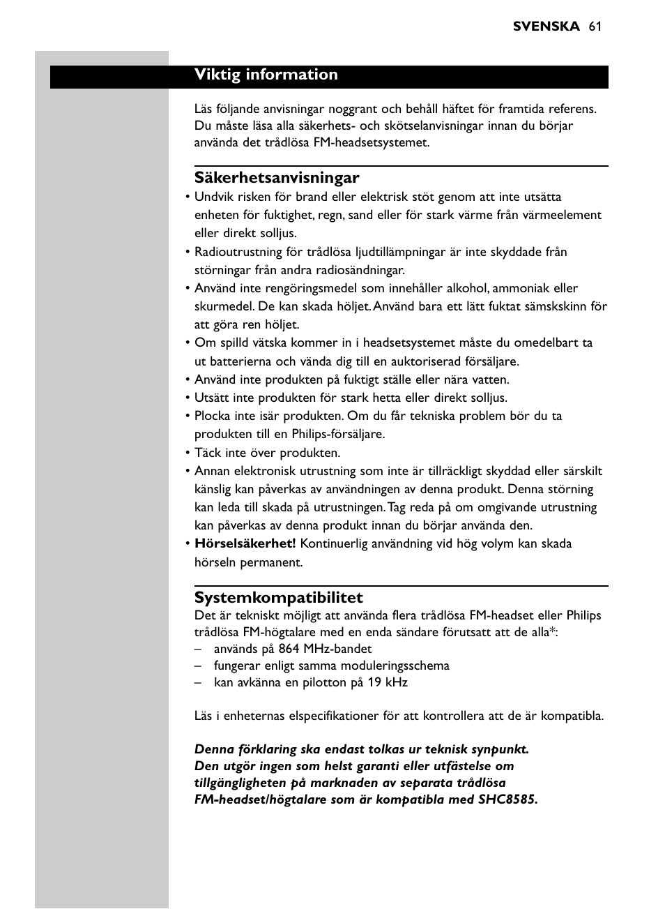 Viktig information, Säkerhetsanvisningar, Systemkompatibilitet | Philips Auriculares inalámbricos para sist. de cine en casa User Manual | Page 61 / 150