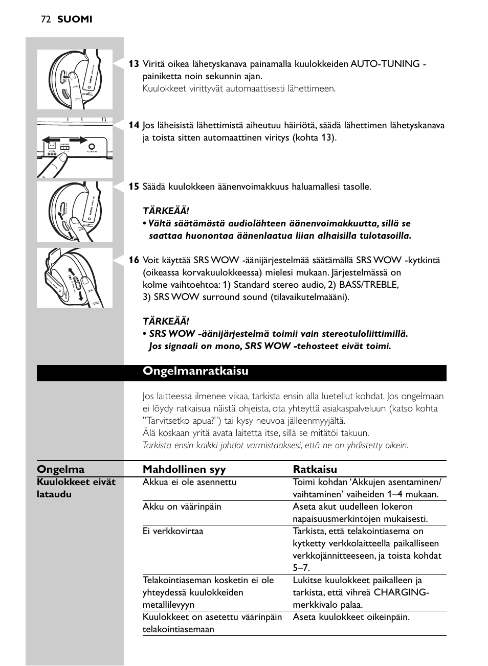 Ongelmanratkaisu | Philips Auriculares inalámbricos para sist. de cine en casa User Manual | Page 72 / 150