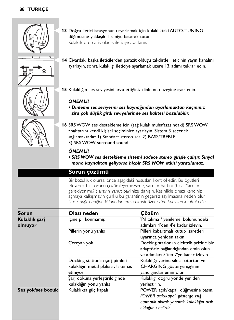 Sorun çözümü | Philips Auriculares inalámbricos para sist. de cine en casa User Manual | Page 88 / 150