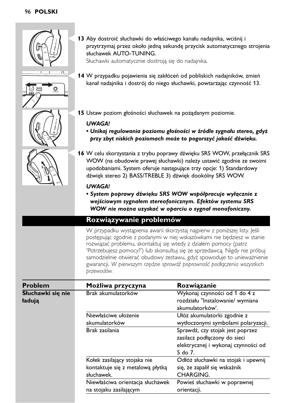 Rozwiązywanie problemów | Philips Auriculares inalámbricos para sist. de cine en casa User Manual | Page 96 / 150