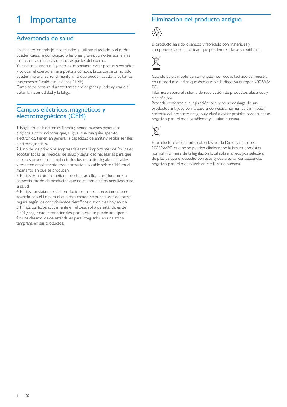 1 importante, Advertencia de salud, Eliminación del producto antiguo | Philips Ratón para netbook User Manual | Page 4 / 9