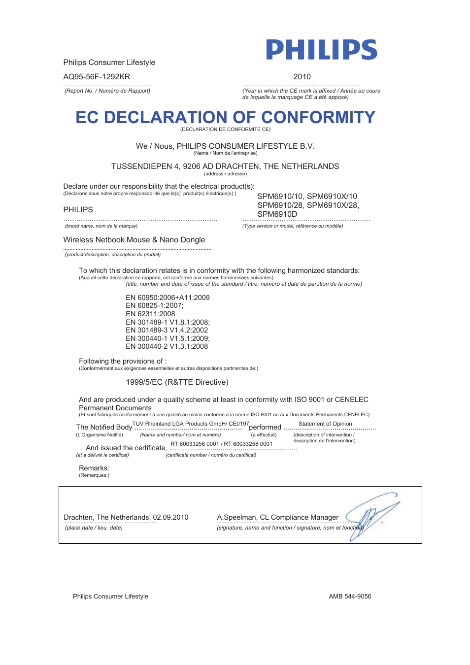 Ec declaration of conformity | Philips Ratón para netbook User Manual | Page 8 / 9